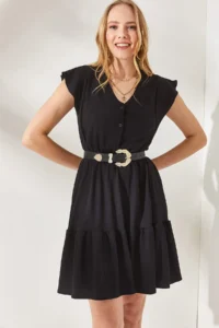 Olalook Women's Black Frilly Sleeve Buttoned Mini Dress with Elastic Waist - Image 3
