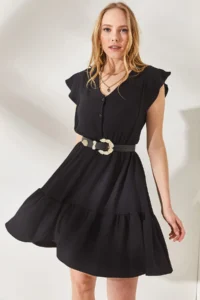 Olalook Women's Black Frilly Sleeve Buttoned Mini Dress with Elastic Waist - Image 4