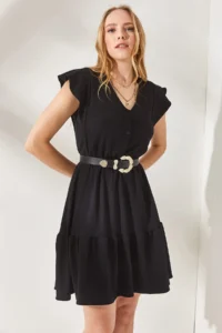 Olalook Women's Black Frilly Sleeve Buttoned Mini Dress with Elastic Waist - Image 5