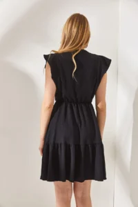 Olalook Women's Black Frilly Sleeve Buttoned Mini Dress with Elastic Waist - Image 6
