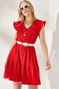 Olalook Women's Red Sleeve Frilly Buttoned Elastic Waist Mini Dress