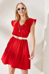 Olalook Women's Red Sleeve Frilly Buttoned Elastic Waist Mini Dress - Image 3