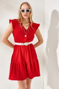 Olalook Women's Red Sleeve Frilly Buttoned Elastic Waist Mini Dress - Image 4