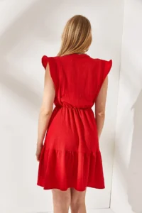 Olalook Women's Red Sleeve Frilly Buttoned Elastic Waist Mini Dress - Image 5