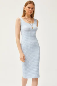 Olalook Women's Striped Baby Blue Thick Strap Lycra Midi Dress