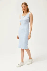 Olalook Women's Striped Baby Blue Thick Strap Lycra Midi Dress - Image 3