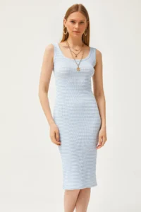 Olalook Women's Striped Baby Blue Thick Strap Lycra Midi Dress - Image 4