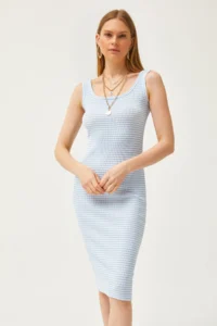 Olalook Women's Striped Baby Blue Thick Strap Lycra Midi Dress - Image 5