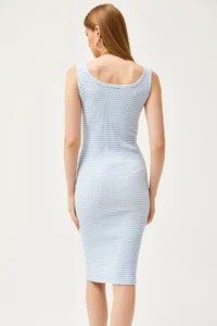 Olalook Women's Striped Baby Blue Thick Strap Lycra Midi Dress - Image 6