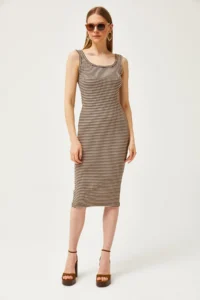 Olalook Women's Brown Stone Thick Strap Lycra Midi Dress - Image 2