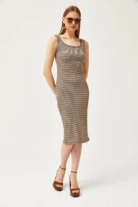 Olalook Women's Brown Stone Thick Strap Lycra Midi Dress - Image 3