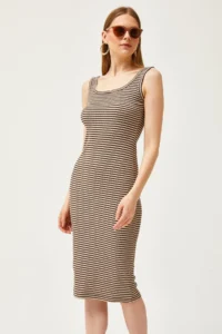 Olalook Women's Brown Stone Thick Strap Lycra Midi Dress - Image 4