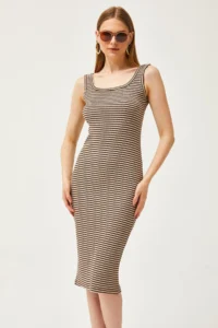 Olalook Women's Brown Stone Thick Strap Lycra Midi Dress - Image 5