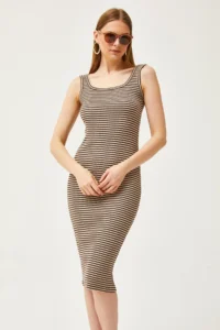Olalook Women's Brown Stone Thick Strap Lycra Midi Dress - Image 6