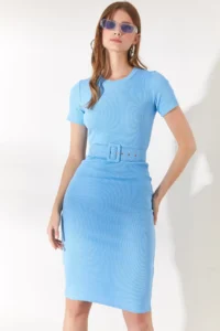 Olalook Women's Baby Blue Coated Belted Short Sleeve Lycra Cotton Dress