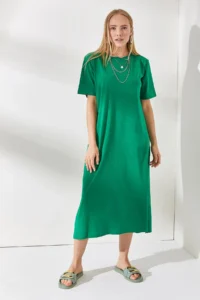 Olalook Women's Grass Green Side Slit Oversize Cotton Dress - Image 2