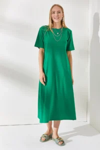 Olalook Women's Grass Green Side Slit Oversize Cotton Dress - Image 3