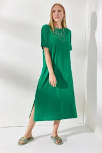 Olalook Women's Grass Green Side Slit Oversize Cotton Dress - Image 4