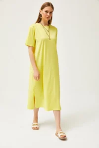 Olalook Women's Light Yellow Oversize Cotton Dress with Side Slits - Image 2