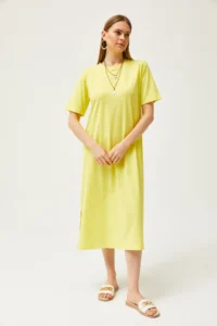 Olalook Women's Light Yellow Oversize Cotton Dress with Side Slits - Image 3