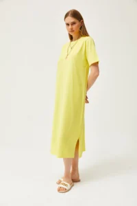 Olalook Women's Light Yellow Oversize Cotton Dress with Side Slits - Image 4