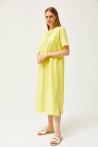 Olalook Women's Light Yellow Oversize Cotton Dress with Side Slits - Image 5