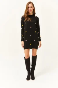 Olalook Women's Black Colored Pompom Soft Textured Tunic Dress - Image 2