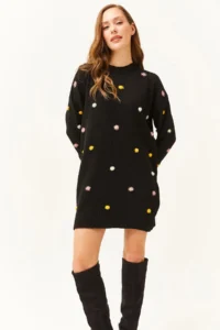 Olalook Women's Black Colored Pompom Soft Textured Tunic Dress - Image 3