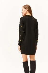 Olalook Women's Black Colored Pompom Soft Textured Tunic Dress - Image 4