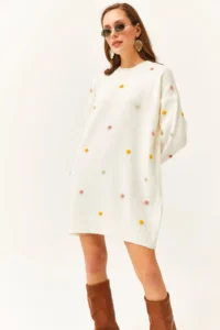 Olalook Women's Ecru Colored Pompom Soft Textured Tunic Dress