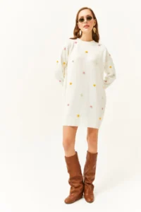Olalook Women's Ecru Colored Pompom Soft Textured Tunic Dress - Image 2