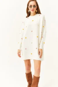 Olalook Women's Ecru Colored Pompom Soft Textured Tunic Dress - Image 3