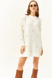 Olalook Women's Ecru Colored Pompom Soft Textured Tunic Dress - Image 4