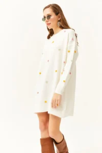 Olalook Women's Ecru Colored Pompom Soft Textured Tunic Dress - Image 5