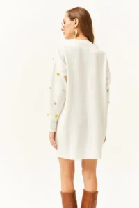 Olalook Women's Ecru Colored Pompom Soft Textured Tunic Dress - Image 6