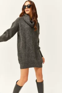 Olalook Women's Anthracite Ruffle Collar Soft Textured Knitwear Tunic Dress