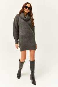 Olalook Women's Anthracite Ruffle Collar Soft Textured Knitwear Tunic Dress - Image 2