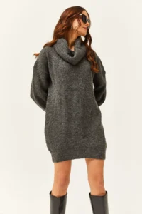 Olalook Women's Anthracite Ruffle Collar Soft Textured Knitwear Tunic Dress - Image 3