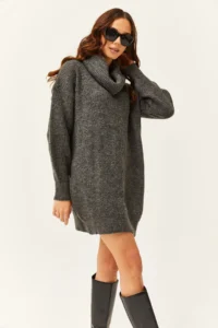 Olalook Women's Anthracite Ruffle Collar Soft Textured Knitwear Tunic Dress - Image 4