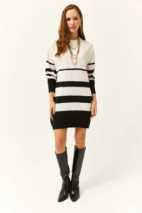 Olalook Women's Black Six-Striped Soft Textured Knitwear Tunic Dress - Image 2