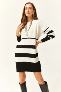 Olalook Women's Black Six-Striped Soft Textured Knitwear Tunic Dress - Image 3