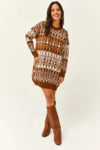 Olalook Women's White Brown Patterned Soft Textured Knitwear Tunic Dress
