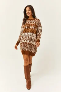 Olalook Women's White Brown Patterned Soft Textured Knitwear Tunic Dress - Image 2
