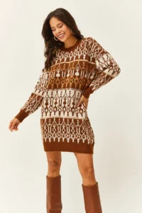 Olalook Women's White Brown Patterned Soft Textured Knitwear Tunic Dress - Image 3