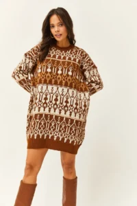 Olalook Women's White Brown Patterned Soft Textured Knitwear Tunic Dress - Image 4