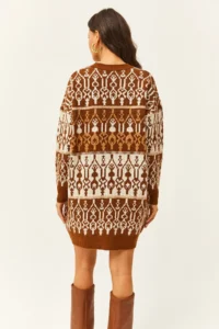 Olalook Women's White Brown Patterned Soft Textured Knitwear Tunic Dress - Image 5