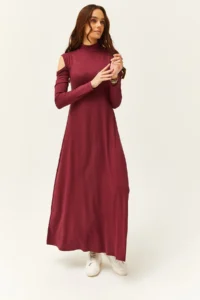 Olalook Women's Plum Shoulder Decollete Lycra Maxi Flared Dress