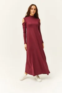 Olalook Women's Plum Shoulder Decollete Lycra Maxi Flared Dress - Image 2