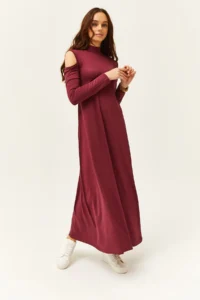 Olalook Women's Plum Shoulder Decollete Lycra Maxi Flared Dress - Image 4