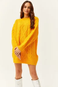 Olalook Women's Yellow Hair Braided Knitwear Tunic Dress - Image 2